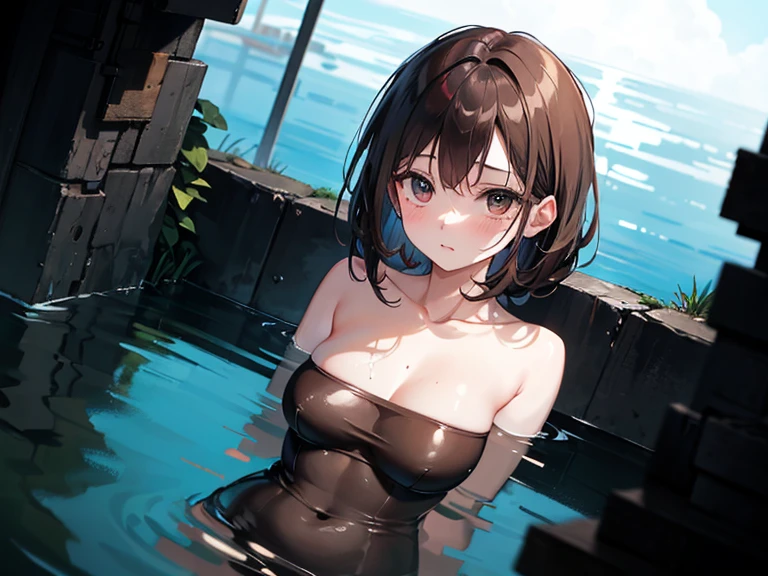 ((Highest quality, 8k, masterpiece :1.3)), One girl, 
Beautiful woman :1.3, (Dark brown hair, ponytail, Huge breasts :1.2), Wet body:1.2, Pool, Highly detailed face, Detailed eyes, double eyelid, Full body hip-raising pose , Above Knee Pose, Look forward , Various shot angles 