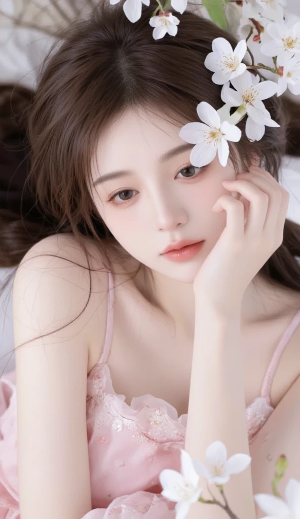 ((top-quality、8k、masterpiece:1.3))、Beautie、1 girl in、20 years girl、cute little、s asleep、closed her eyes、Any pose、Innocent、large_breasted、thin-waist、messy brown hair、(lying on one's side on bed、open one's legs:1.2)、hyperdetailed face、very detailed lips、A detailed eye、二重まぶた、Vinyl Material、Red corset、cammel toe、Warm volumetric lightning、look from above、upper view