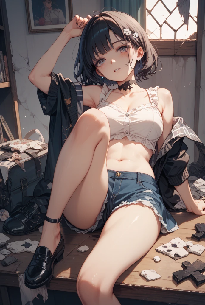 A female knight,metal armor , wounded, scared face, badly torn-damaged clothes, almost naked, equipment around her, full body, defeated, bare chest , tears, cum, , laying, full body, after rape, , cum dripping from vagina, in tent, surrounded by goblins,