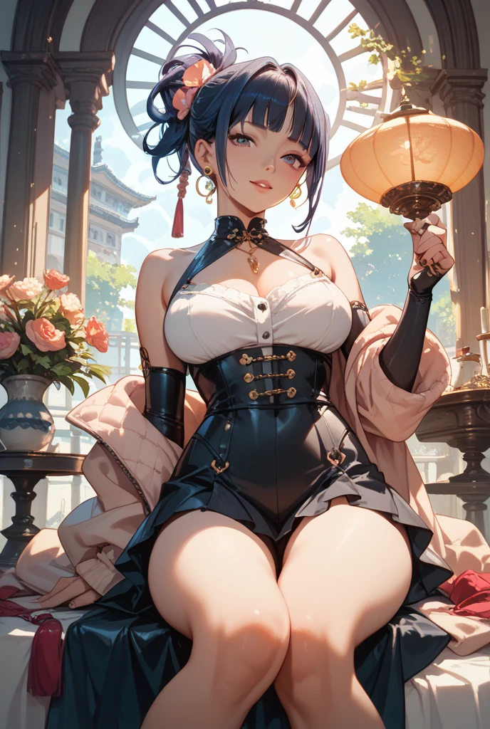 ((Best quality)), ((Masterpiece)), ((Ultra-detailed)), (illustration), (Detailed light), (An extremely delicate and beautiful),A charming young girl,Dramatic perspective,on cheongsam,black over-the-knee socks