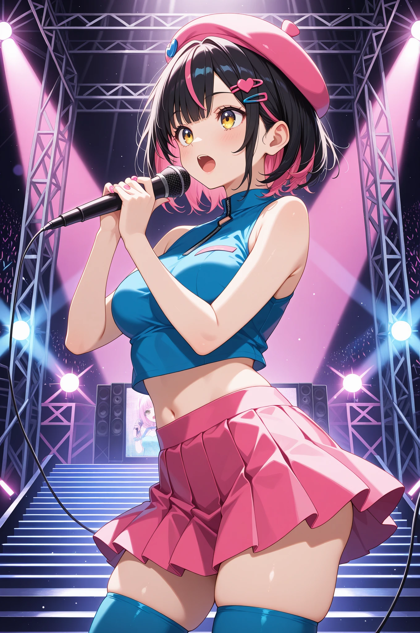 (kinako_(shiratama_mochi) style, ((topless)), nsfw, masterpiece, 1 girl, solo, erect nipples, sweaty, wet body, hair ornaments, intricately detailed, navel, latex shorts, fishnet leggings, multicolored hair, black hair, pink, live band, live perfornance, idol, live stage, spotlight, stage light, extremely detailed, bare breasts, puffy nipples, purple eyes, vtuber, bare stomach, sweaty, medium breasts, arm strap, cowboy shot, microphone, singing, open mouth, short hair, cg masterpiece, cowboy shot, smiling