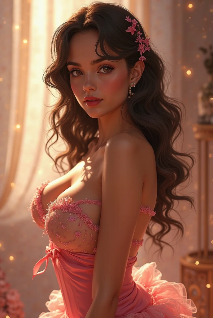 Foto hiperrealista en primer plano de arafed woman (r4ch3lp1zzolato) , masterpiece, best quality, (photorealistic:1.4), full body, wear in (Italian Rose Print Tulle Midi Dress:1.1), cinematic light, wavy hair, detailed face, in front of a vintage spiraling staircase, amber twinkle lights in background, romantic lighting, (surrounded by flowers:1,15), (sunset:1.05), seductive, photo taken from a distance