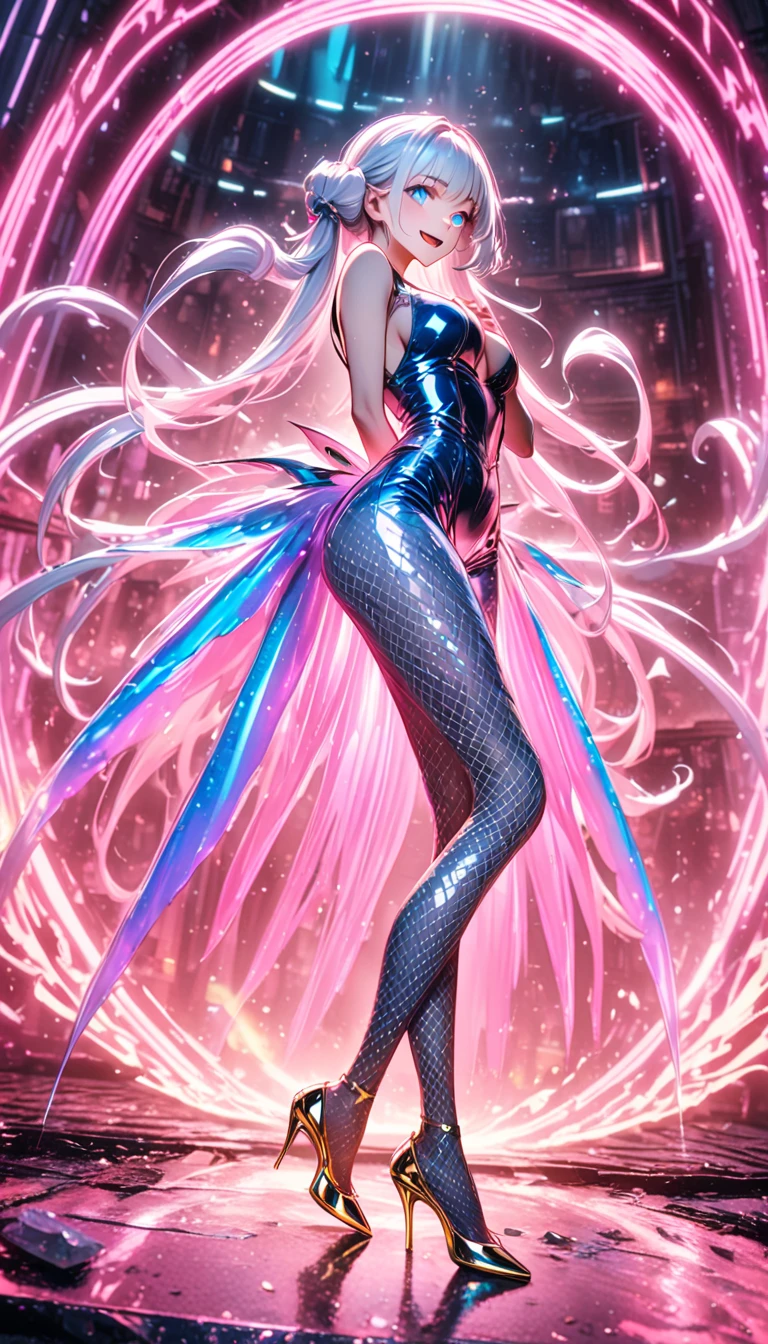 Painting style, (standing) 1 girl, hands raised, hands behind her to hold her hair, bare armpits, white-blonde hair held behind her head by her hands, fleshy thighs tightened by black suspender stockings, huge breasts. Seductive expression, sticking out tongue to lick lips, wet clothes, wet body, wet body, sexy face, looming, looming breasts, ahri (k/da), ahri, ((full body photo)), sitting in a chair with legs crossed, high heels with red soles, ahri (k/da), transparent black tulle cheongsam with metal bikini inside, transparent tulle pattern on clothes, portrait, masterpiece, best quality, (very detailed CG unity 8k wallpaper, super detailed, Best Quality), (Detailed Background), (Beautiful Detail Face), High Contrast, (Best Lighting)(PIXIV)