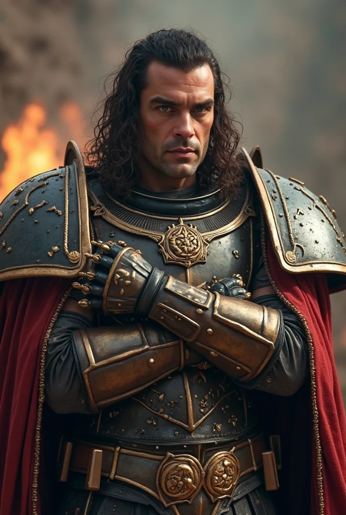 photo portrait of a hard warrior, armor, cape, gauntlets, greaves, long hair, shoulder armor, sky, solo, elegant sword, ultra detailed face, dynamic pose, ruined burning city, cracked moon, insanely detailed, highest quality, skin texture, intricate details, (cinematic lighting), RAW photo, 8k uhd, dslr, hdr, gloomy, dark night, depth of field, rim lighting, two tone lighting, dimly lit, low key
