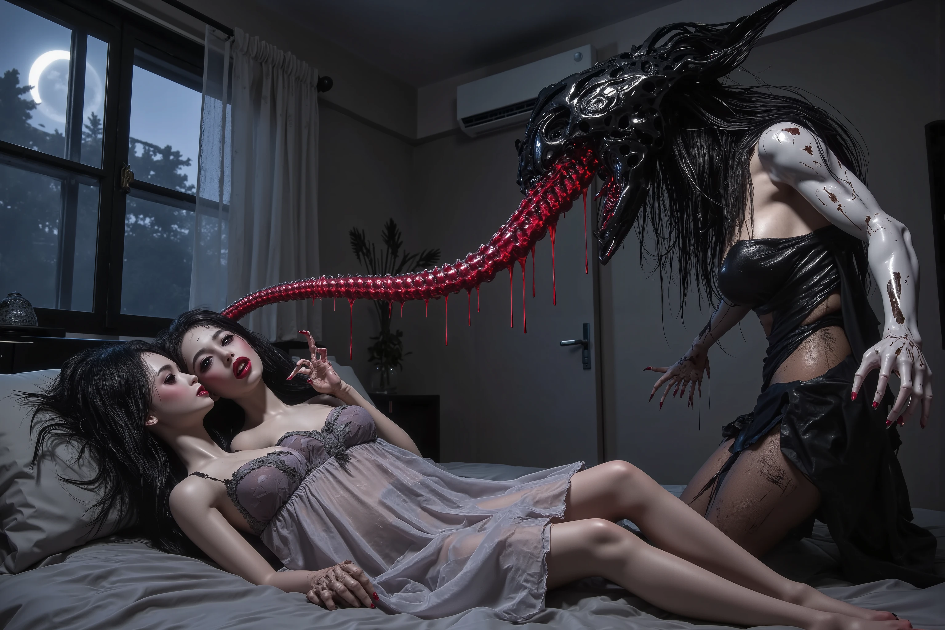 (creepy Doll}Horror) Nice Asian apartment, lights are off, couple of women spooning in bed in sheer night gowns, window curtains open letting moonlight in. Subject 2: CREEPY DOLL! (cut, cracked and damaged porcelain skin, sexy two piece outfit, crazy dark hair that creeps around the room like vines, murder claws on hands and feet., extremely long snakelike tongue), the creepy doll is clinging to the ceiling in a dark corner and is extending her slimy blood red tongue towards the couple in bed.
