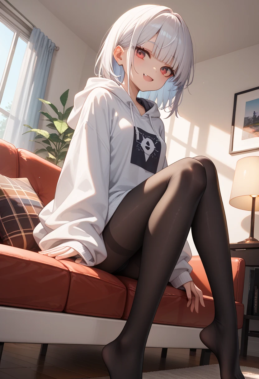 masterpiece, best quality, KagaV4, 1girl, solo, looking at viewer, blush, short hair, bangs, blue eyes, long sleeves, holding, animal ears, sitting, (white hair), pantyhose, alternate costume, indoors, sweater, cup, sleeves past wrists, black pantyhose, fox ears, couch, holding cup, ribbed sweater, thighband pantyhose <lora:KagaV4-14:0.8>