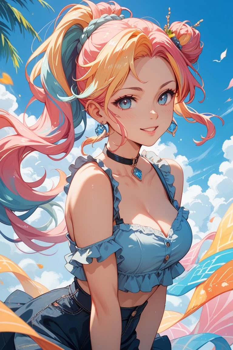 (anime artwork, anime style, studio anime, very detailed, up to date, vibrant, Anime Coloring, high contrast, masterpiece:1.2, best quality, best aesthetics), (1 girl), Color connections, colored, Vibrant color scheme, colorful, spot color, NSFW, (portrait, cowboy shot), sensual, in the deep forest, dance, (big breasts 1.2), crooked, (bewitching woman), (grin and laugh:1.2), Fantasy Starry Sky Fairy, Fantasy starry sky fairy,falling petals, sparkling stars,