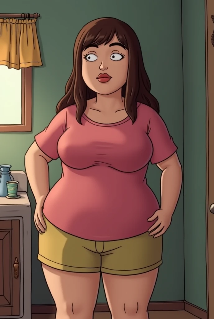 Beautiful brunette woman in her thirties, pregnant, huge tits, slim, small waist, round ass, wearing a blue sundress. She has grey big eyes, small nose and full lips. Angry expression. Standing outside the door in the porch. Point of view from inside the house and from above her