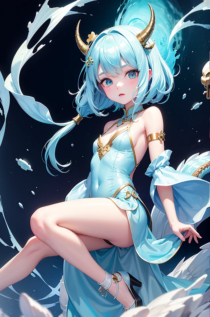 A young woman with a soft, delicate and perfect face, with extremely long light blue hair that goes to the ground with white and small demon horns;, Vestido de baile branco sedutor e extremamente longo, an abandoned cathedral destroyed and scrutinized filled with water and fish. Peito e busto grande e enorme que mal cabem no vestido.