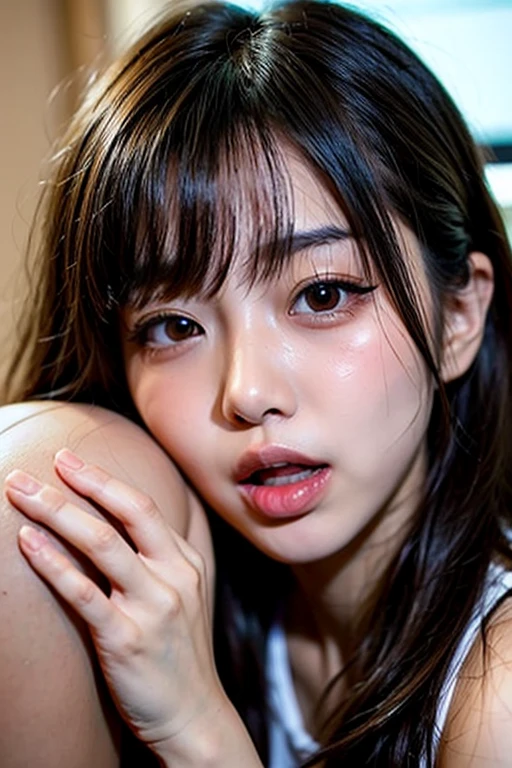 highest quality、masterpiece、girl 1、Super detailed　black hair、blunt bangs　Ahegao、stick out tongue、Drool、salivate、saliva、Drool、Drooling　SEX in、play sex、sex、Sprinkle sperm、large amount of sperm、drenched in sperm、intense sex　face is close、Facial Close-up　pillow、sheets