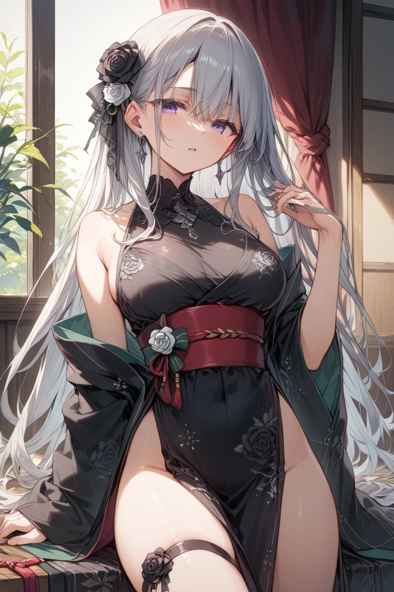 masterpiece, highest quality, High resolution,Follow the prompts、Anime Style、Silver Hair、Long Hair、She opens her kimono to reveal her black underwear.