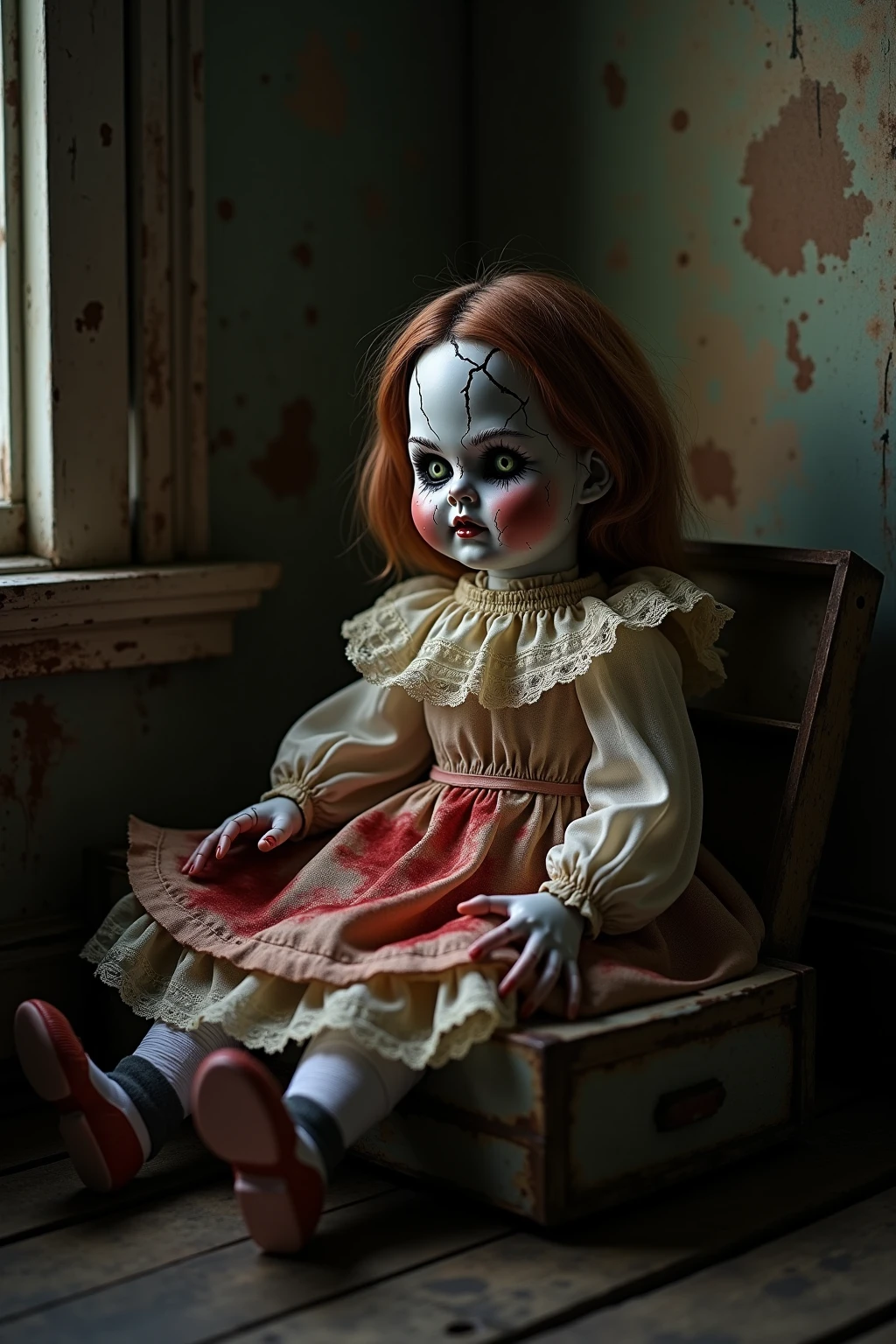 (knitted toy voodoo doll:1.6), (cursed voodoo doll:1.3), (clothes: torn white dress with dark blood stains:1.2), (missing one eye:1.1), (accessories: teddy bear torn to shreds, sinister eyes:1.1), (background: ghostly nursery in the dark, creepy lullabies and an atmosphere of horror and fear:1.2), best quality, masterpiece, detailed soft oil painting, detailed background, dramatic cinematic lighting, soft edge lighting, professional, dramatic lighting, hard edge lighting, ultra quality, 4k, masterpiece, best quality, 8k, ultra high definition, high resolution, extremely detailed
