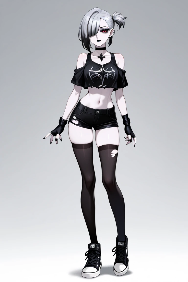 , short hair, white hair with 2 very long black horns, red eyes with an angry expression on his face, clothing in the form of a black one-piece swimsuit, defined and thin legs like a model, thin torso with chest little. black leather boots with high heels, long black painted nails, open mouth with vampire fangs sticking out and tongue sticking out, black dragon wings, black tail coming out of the waist from the back in the shape of a heart in tip,