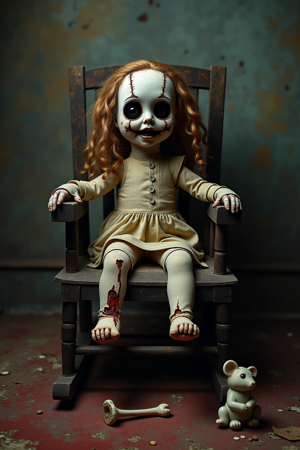 ((Best quality: 0.8)) ((perfect)) 1girl, child, long hair, dark brown, blue eyes, white dress, blood stains, fair skin, face covered in blood, torn white socks, a white teddy bear, gray background, cute, blood face, blood.