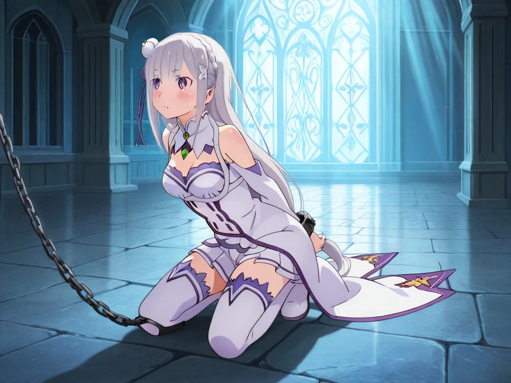 one girl, chained, slave, naive, beautiful white hair, princess, princess of elf, collar, discipline