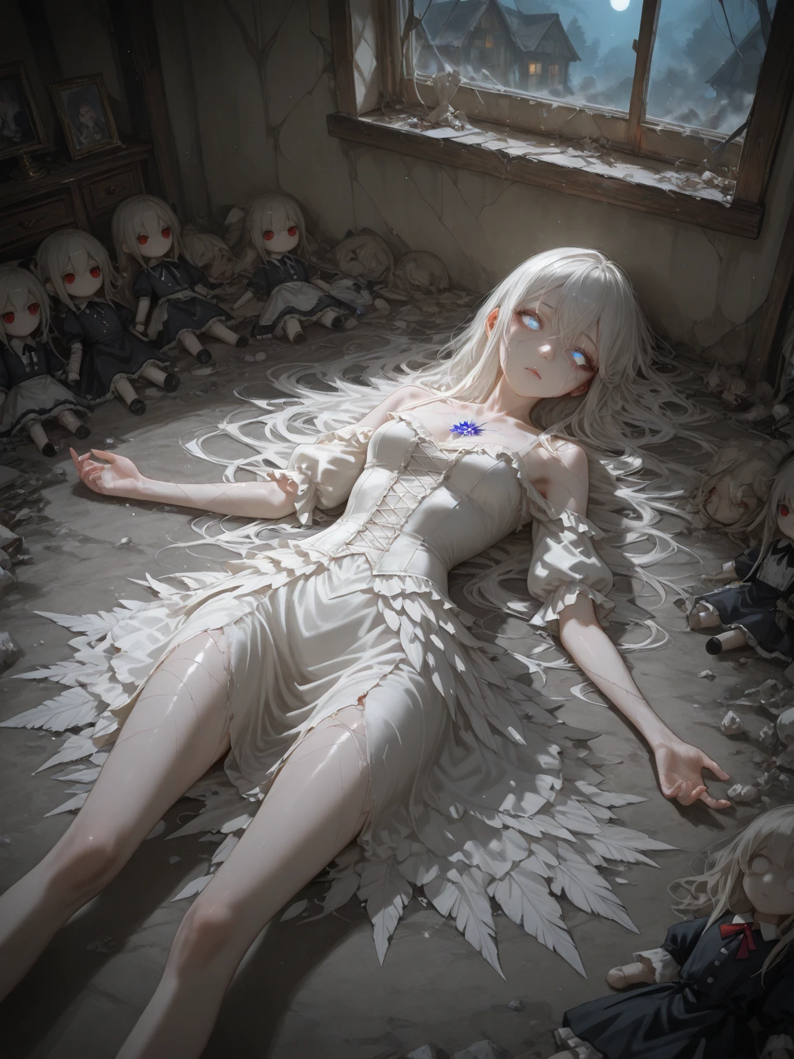 pile of corpses, closed eyes, scenery, perfect anatomy, white lingerie, angel, sad, :o, bleed, dirty