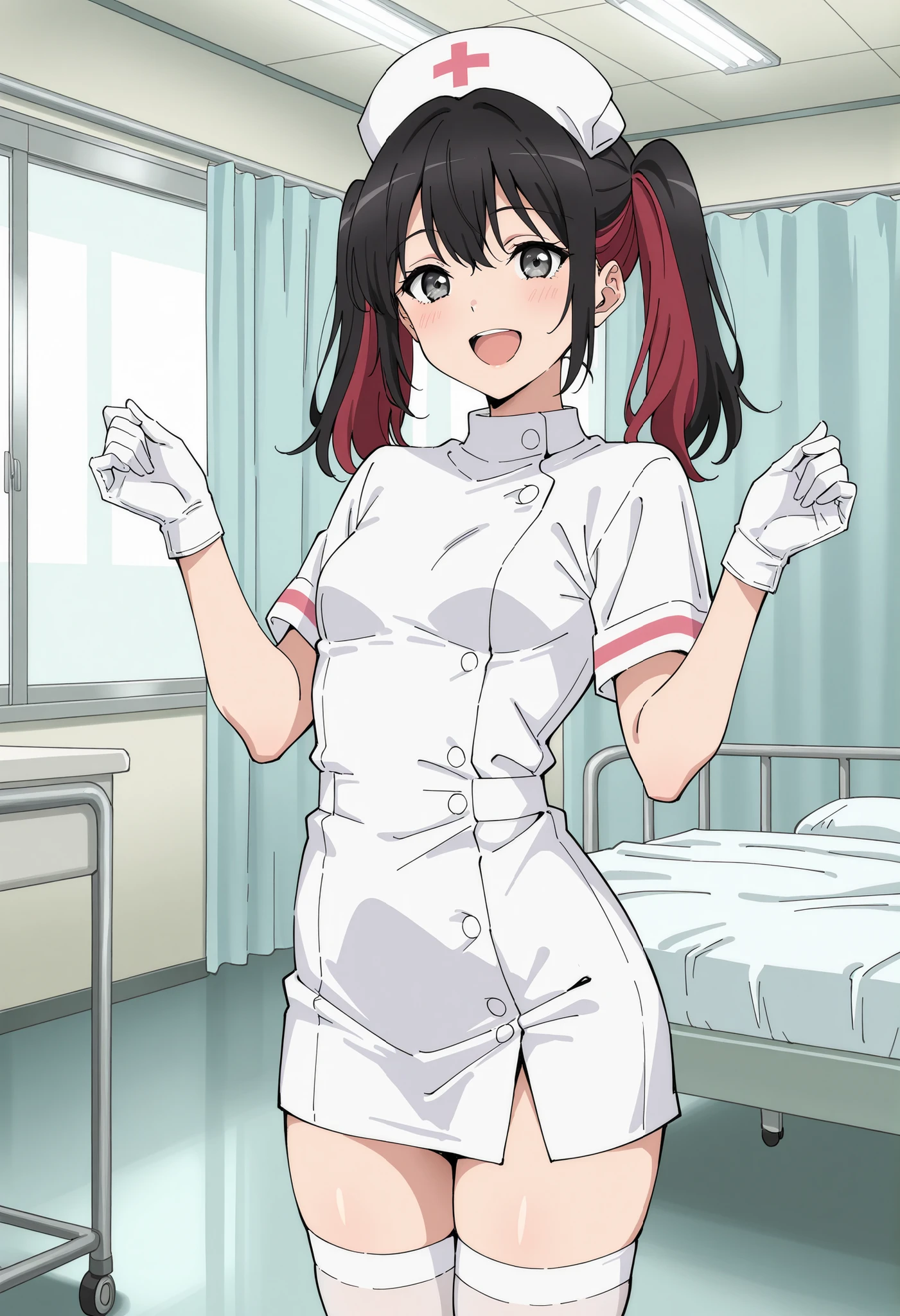 (nurse girl:1.2), (1 person:1.2),(10 year old girl)、young girl、big breasts、 nffsw、shader、highly detailed eyes、Loose and fluffy shorthair、side boob、underboob、Lustrous cleavage、black hair、silky hair、nurse uniform(White thin fabric、Plain fabric、mini skirt、plain silk gloves)、ultra-intricate pupil in eyes、highest quality、bright colors、Bust 100、rests、Standing picture of the game、Stirring composition、Composition looking up from below、Lift your with your hands、Pose that emphasizes the chest、fold your arms、grinning expression、eyes half closed、open your mouth、Stinking eyes、evil face、Bullish smile、fold your hands behind your back、Hide your hands、evil smile、whole body、美New、god々New