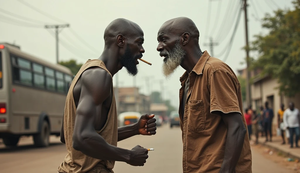 man, coal black skin, eyes like embers, one leg, smoking pipe, red cap, (best quality,4k,8k,highres,masterpiece:1.2),ultra-detailed,(realistic,photorealistic,photo-realistic:1.37),hyperrealistic,extremely detailed,dramatic lighting,cinematic,moody,chiaroscuro,powerful expression,strong contrast,intense colors