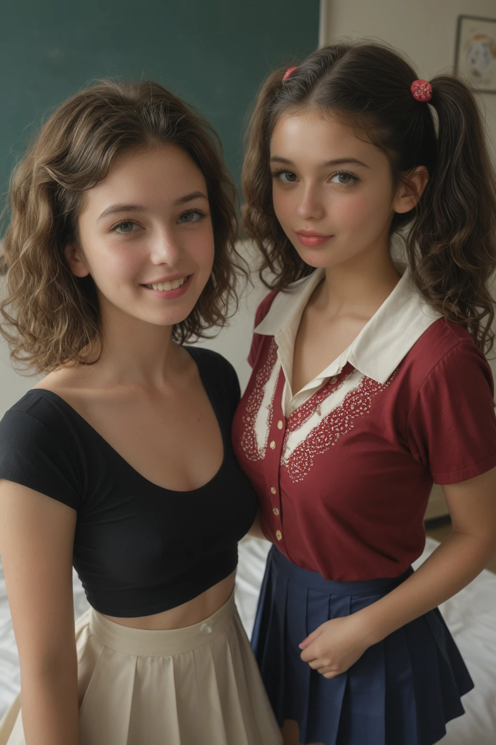 2 little girl, about 7 years old and 8 years old.
One sit and another kneel. Shaggy hair and Twintail hair
Wearing light purple off shoulder sweater and latex shorts
On a boat in beautiful lake full of flower