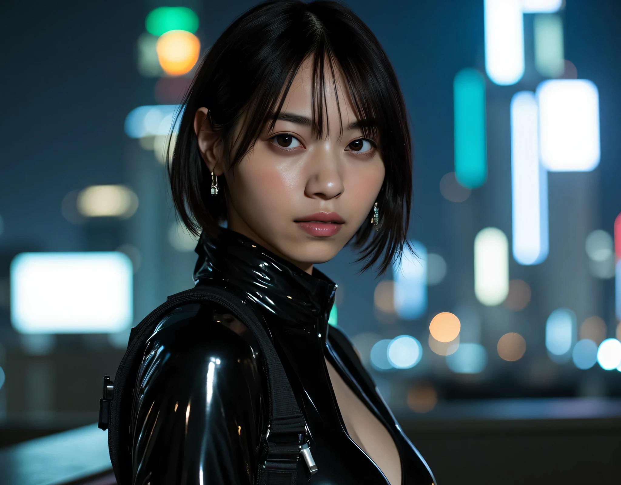 (((Midnight Future City Rooftop:2.0))),(((HR Giger-esque cyberpunk atmosphere:2.0))),one woman with Misty,(cute face:1.5),(Beautiful well-balanced face :1.5),(wavy dark hair:1.7),(Beautiful Eyes:1.3),Glamorous Shot of a 20 Year Old Japanese Woman,Beautiful slender body,((model body type:2.0)),((slim body:1.7)),Perfect Body Line,ideal proportions,((big breasts:2.0)),((スリーサイズ90-58-86:3.0)),((F cup chest:1.5)),big boobs,Bare thighs,Sensual Thighs,delicate body,(Glutinous meat:1.7),Harmonious posture,((Realistic breast depiction :1.7)),Carefully drawn limbs based on perfect anatomy,((black future police style bodysuit with harness:2.0)),((((full body suit made of latex that closely adheres to the body:2.0)))),((((FITTY SPECIAL FORCE FULL BODY SUIT:2.0)))),((Tactical Holster:1.5)),((black military cloak with a front opening over a leotard:2.0)),concept art,(top quality:1.5),(masterpiece:1.5),(超高Resolution),Resolution,UHD,(delicate depiction in the women's room),carefully drawn,32k,((realistic skin texture:1.5)),(((super realistic with transparent interior:1.5))),carefully drawn eyelashes,Very Detailed Faces,highly detailed female hands, Sexy appearance ,very sensual,(Blurry, dim background:1.5),professional photo shoot,(Movie Lights:2.0),((Blade Runner-style lighting:2.0))