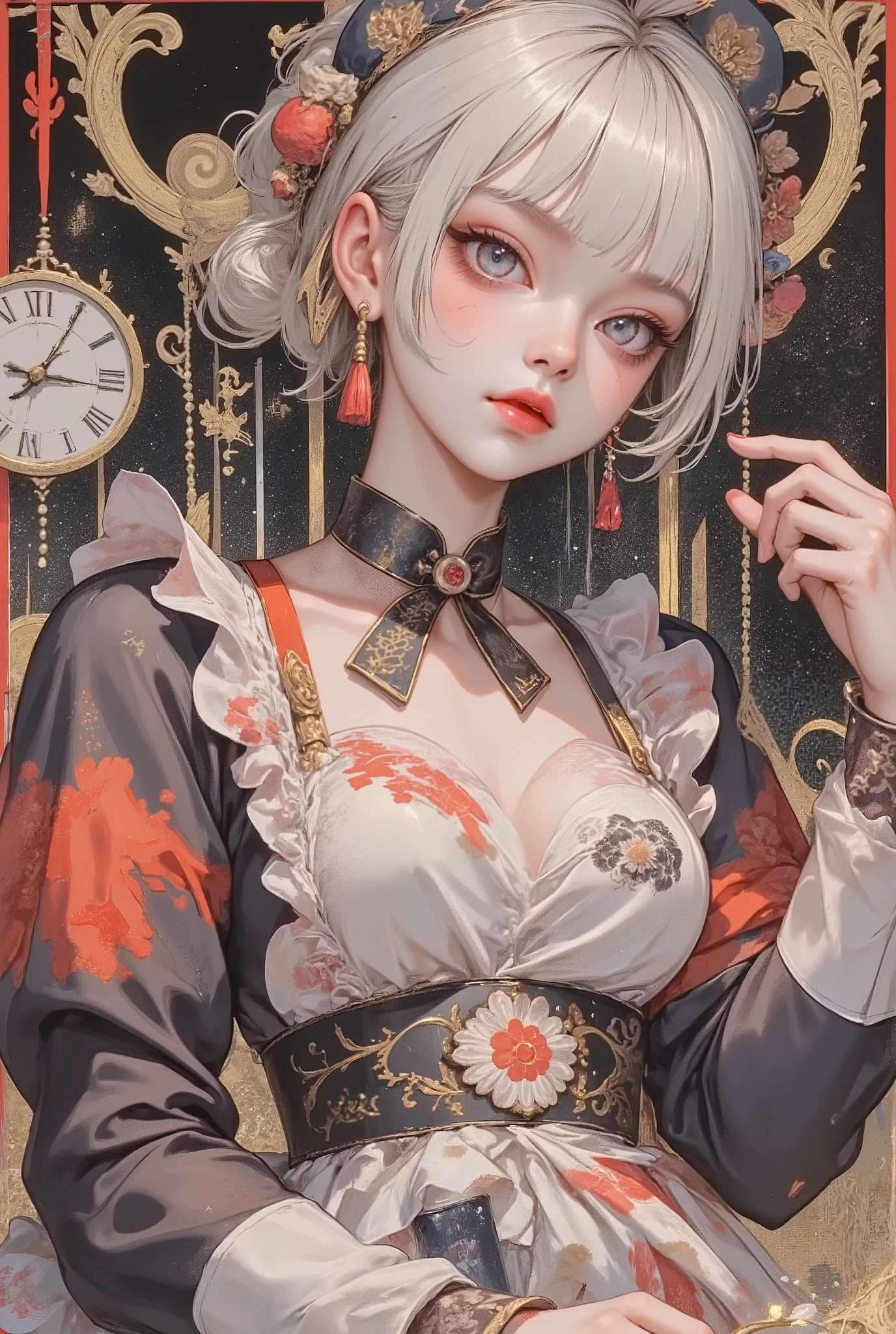 Crazy Maid,holding a rope,Detailed Decorations such as Buttons（ orange on the back）, dirty apron with torn ruffles and blood stains on traditional maid clothes,The color scheme is a basic black and white color scheme、red（ bloody knife）, choker,Sleeves are Puff Sleeves, ribbon、race、Detailed Decorations such as Buttons,surreal  ,   New Album Jacket  ,  great job  , digital collage, high resolution,surreal style,convertible,  The Inner World of the Autism Spectrum ,watch viewers,clock,Broken Teacup,Cuffed sleeves,