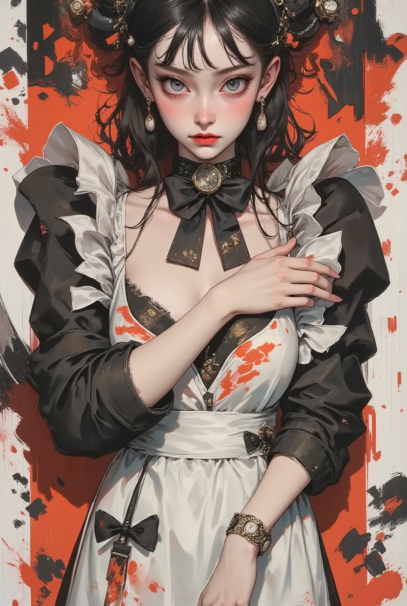 Crazy Maid,holding a rope,Detailed Decorations such as Buttons（ orange on the back）, dirty apron with torn ruffles and blood stains on traditional maid clothes,The color scheme is a basic black and white color scheme、red（ bloody knife）, choker,Sleeves are Puff Sleeves, ribbon、race、Detailed Decorations such as Buttons,surreal  ,   New Album Jacket  ,  great job  , digital collage, high resolution,surreal style,convertible,  The Inner World of the Autism Spectrum ,watch viewers,clock,Broken Teacup,Cuffed sleeves,