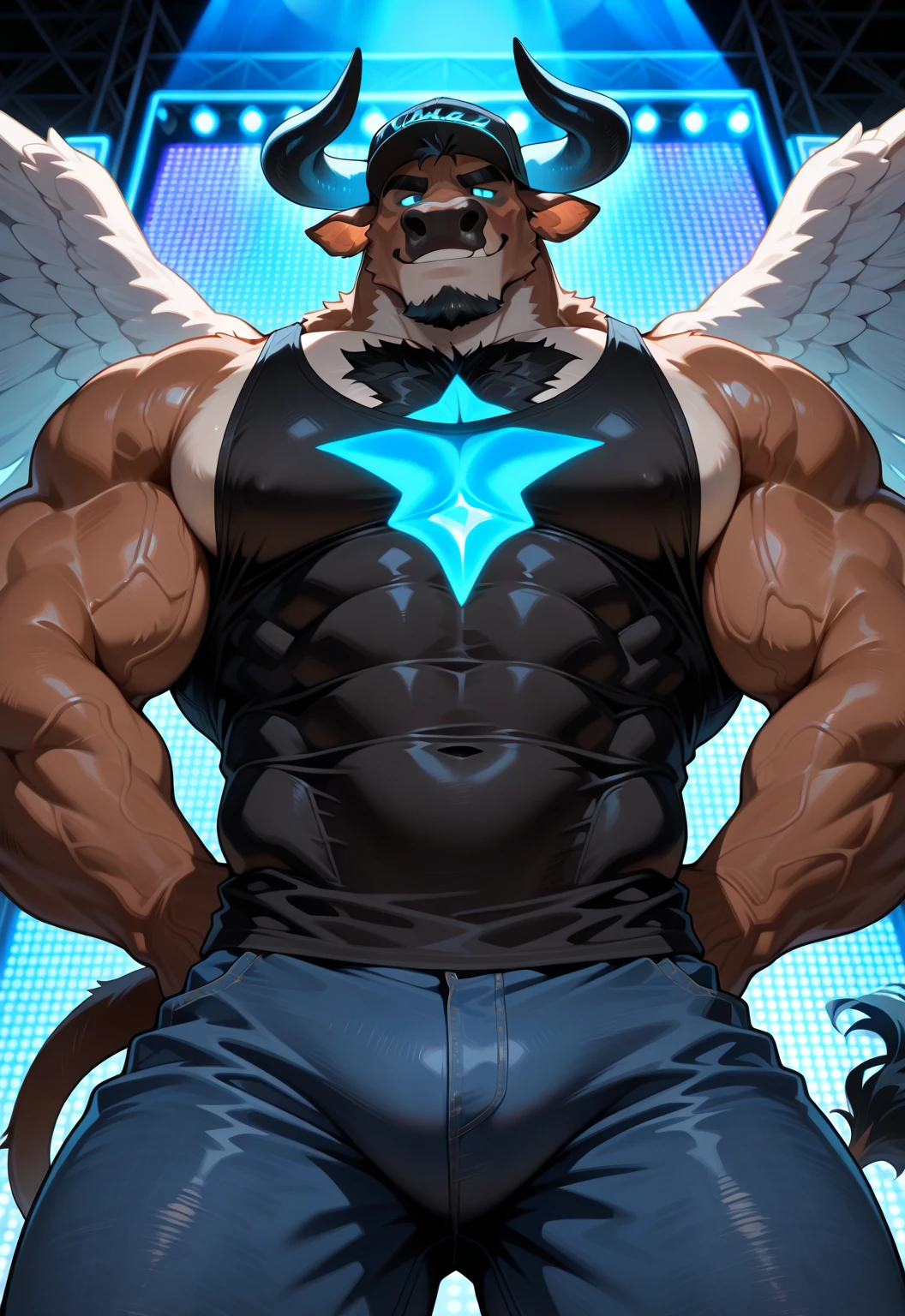 Hyper is a hypnotized bouncer minotaur at a ! Solo, alone, A big dumb hunky jock minotaur who wears a baseball cap whose rim covers his glowing eyes and looks tough! Muscular , black muscle tank top with the word "OBEY" inscribed in white over the in front and shoulders on back, tough and stupid while on guard duty, night time , pleasure island bar, front view , low angled view, first person, best Quality, high quality, ultra high resolution, Fine Eyes, Exquisite Face , stage performers, handsome, Chest muscles, hair, Abdominal muscles, tight blue jeans, neon lights, bar, null-ghost,Takemoto Arashi, Sexy, Muscle Development, hair, Abdominal muscles, bull tail , bull hooves, Hyper from visual novel "Wolfstar: Sins and Paradise". Hyper from Wolfstar: Sins and Paradise the visual novel score_9, score_8_up, score_7_up, Best Quality, high quality, Ultra High Resolution, fine eyes, exquisite face, bull horns, , muscles , Muscular development , muscle line, Thick Muscle , minotaur, short spiky black hair, hair , minotaur head, ultimate warrior pattern facial fur, intense glowing Blue Eyes ,handsome, Spectacular, fine eyes, strong jawline, short black goatee, bull, Five-Toe , Fluffy fur ,null-ghost,Takemoto Arashi, bara pecs, focus on pecs, muscles, muscular male), set of giant light blue angel wings, Highest Quality, 4k, masterpiece, solo, Amazing Details, highly detailed face, no defects, solo, alone, no watermark, no defects, no watermarks, perfect hands. Dazzling lights, special effects, stage show, Amazing Details, highly detailed face, no defects, no watermarks, perfect eyes.
