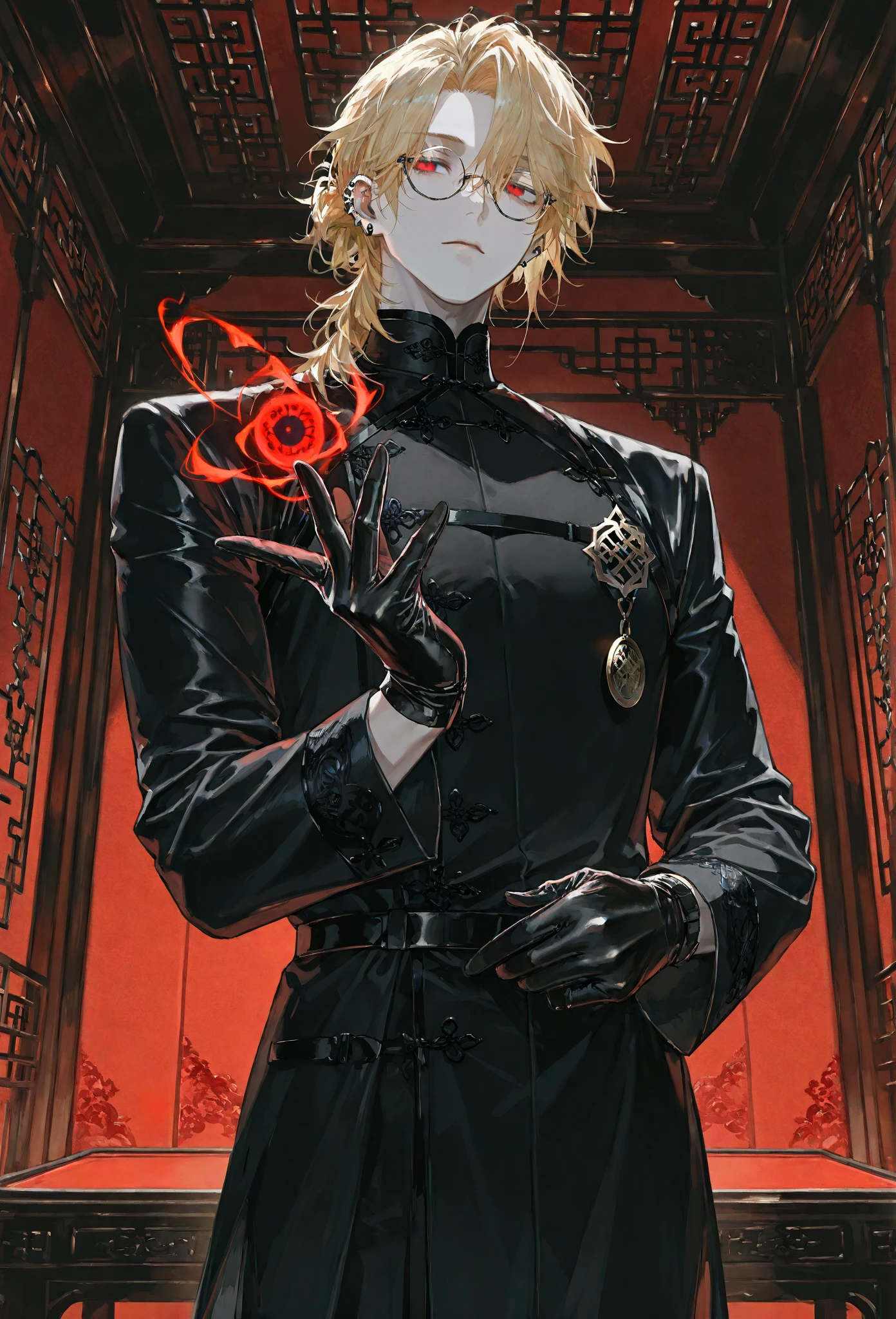 (absurdres, highres, ultra detailed, HDR) master piece, best quality, Sung Hyunjae, ash-blonde hair, expressive yellow eyes, blonde eyelashes, The S-Classes That I Raised, solo, a sexy man holding a golden chain, handsome, sensual, gray suit, black necktie, white shirt, black gloves, fantasy, magical, glittering, shining, red water, red moon, red flowers, red butterflies, garden