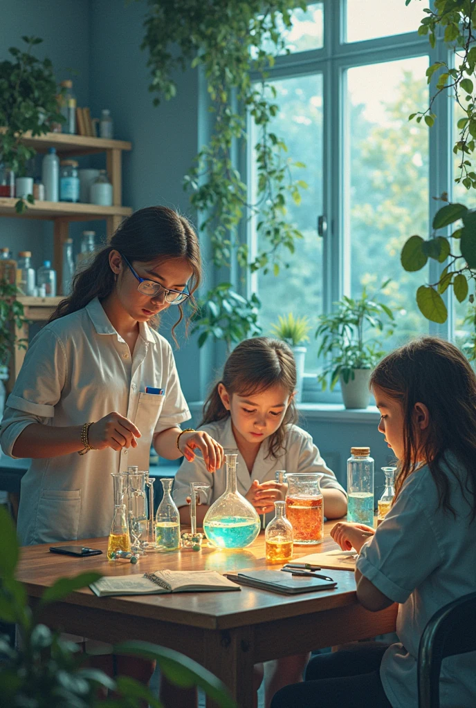 photo of a BLONDE CHILD KIDS in a red dress holding COLORED SCIENCE LABORATORY TEST TUBES.