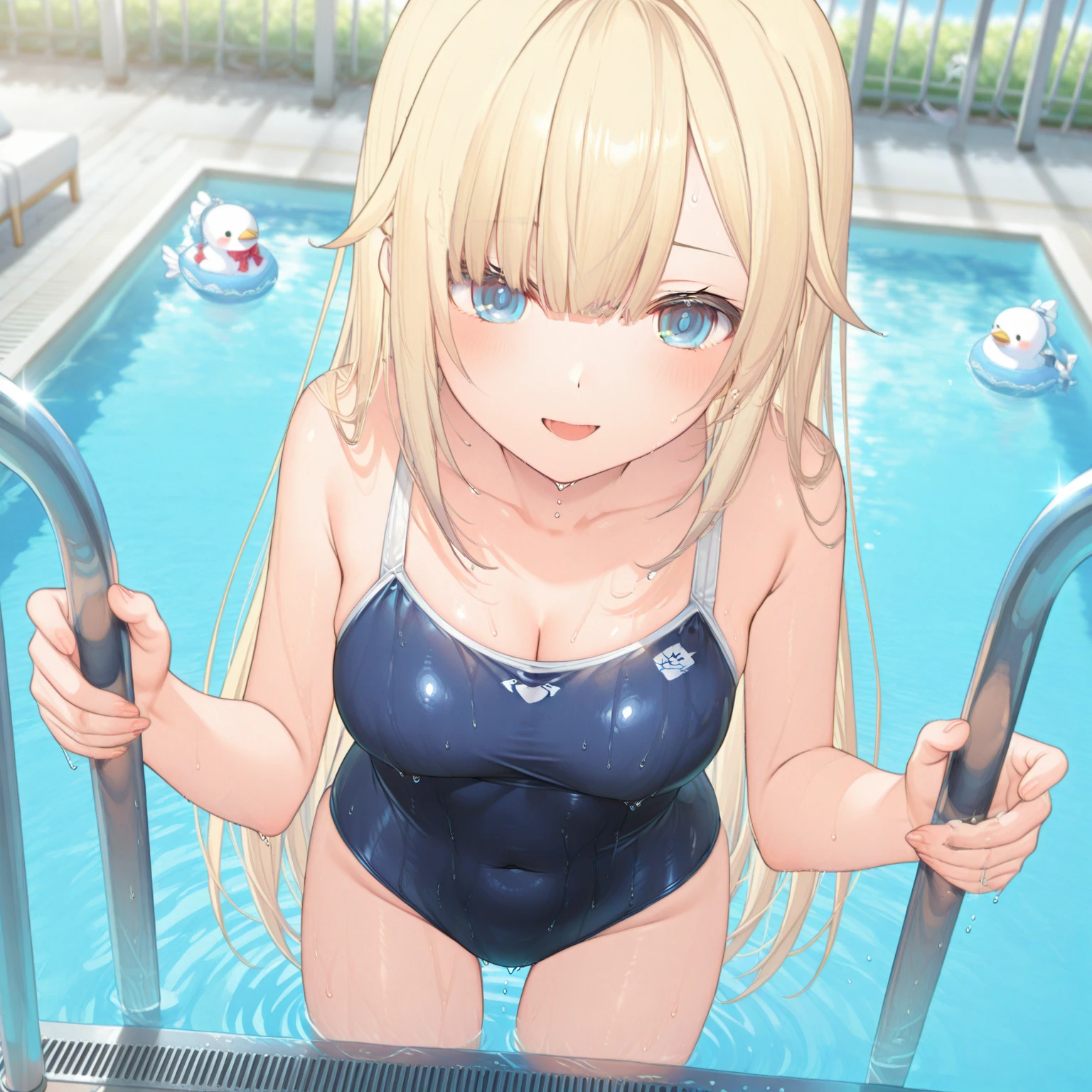 Masterpiece, Best Quality, extremely detailed, cheered up, girl,night pool,high waist bikini,SMILE,:d,action,(small breasts),ass focus