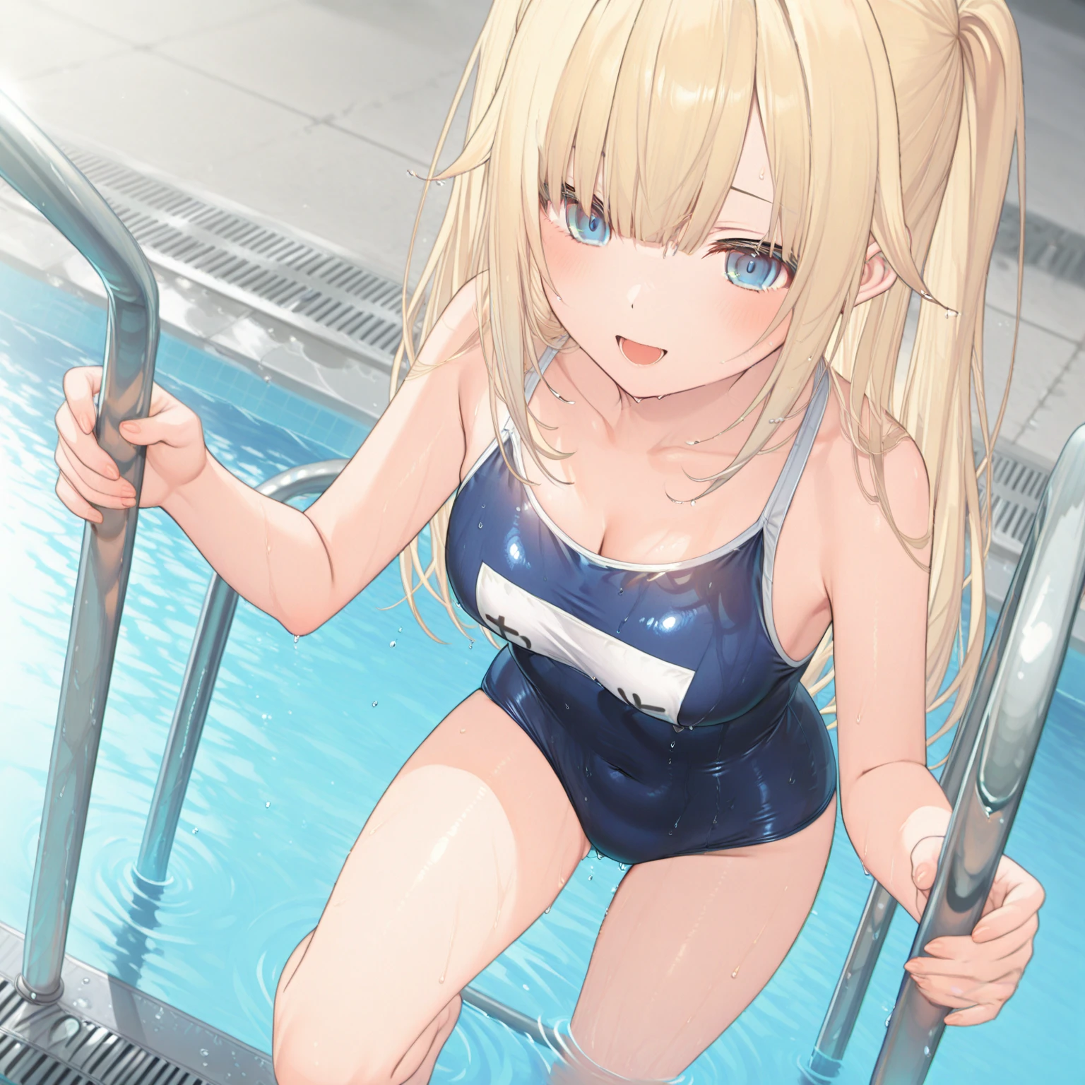 8k quality,masterpiece, One Girl, ema aizawa, ((wet competition swimsuit,)), Sweating profusely, dripping, wet face, wet skin, Blonde, Long Hair, Sparkling eyes, blush, sharp focus, moody lighting, Poolside
