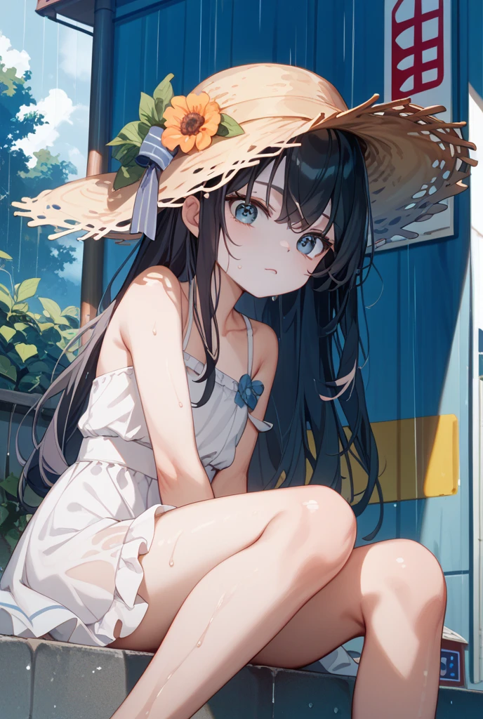(masterpiece), Highest quality, One girl, 8-year-old, Cute  girl, Flat Chest, Black Hair, Very long hair, View your viewers, 
She wears a dress, White Dress, Sundress, Summer Dresses, See-through lace dress, micro short dress, micro mini dress, clothes without collar, She doesn't wear underwear, Not wearing a bra, Not wearing panties, Nipples sticking out of dress, (Erect nipples proclaiming their presence beneath the fabric), The material of her clothes is very thin、The body is clearly visible, Exposing shoulders, The clavicle is visible, Not wearing a jacket, She is wearing a sleeveless dress, Her dress is so small that her crotch is visible., The length of the clothes is above the crotch、I can see your pussy, (Share:1.5), She has no pubic hair, 
She stands with her legs spread, Open your knees, Very shy, Wearing a straw hat, 
Behind the building, Leaning against a wall, There is a passerby behind her, blush, alley, 
