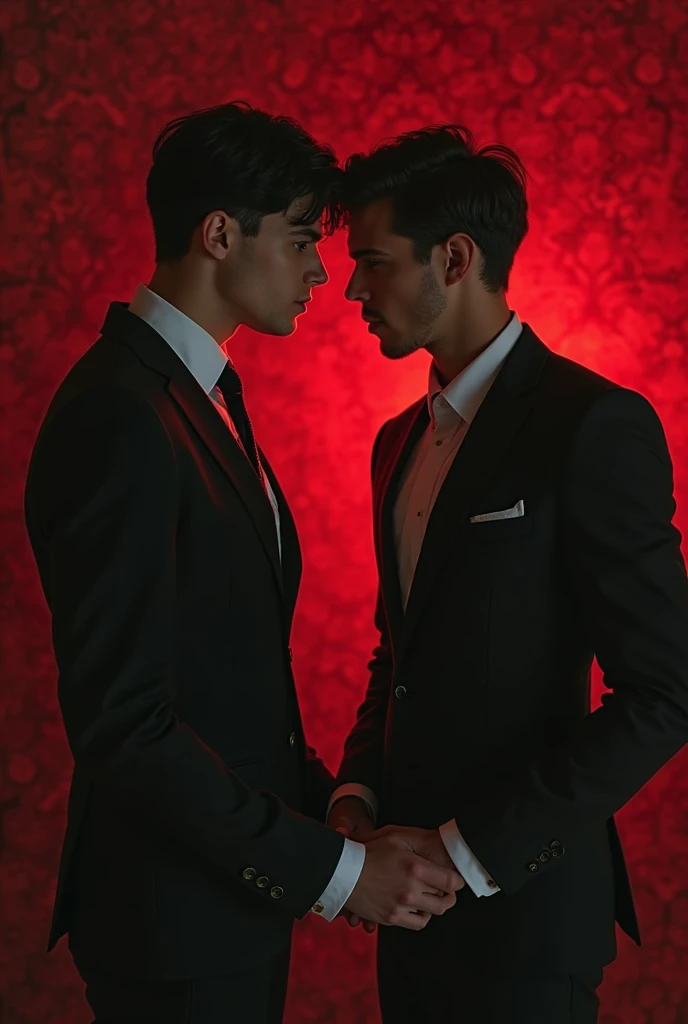 full body view, a stunnig white european male attractive vampire with a victorian dapper attire, shiny elegant shoes, black socks, classic clean shaved preppy haircut of his dark hair, ruby rings, he watches in a deserted street in London for a foggy nighthe watches in a deserted street in London on a foggy night, kissing the neck of another extremely dapper young aristocratic guy with same style of outfit