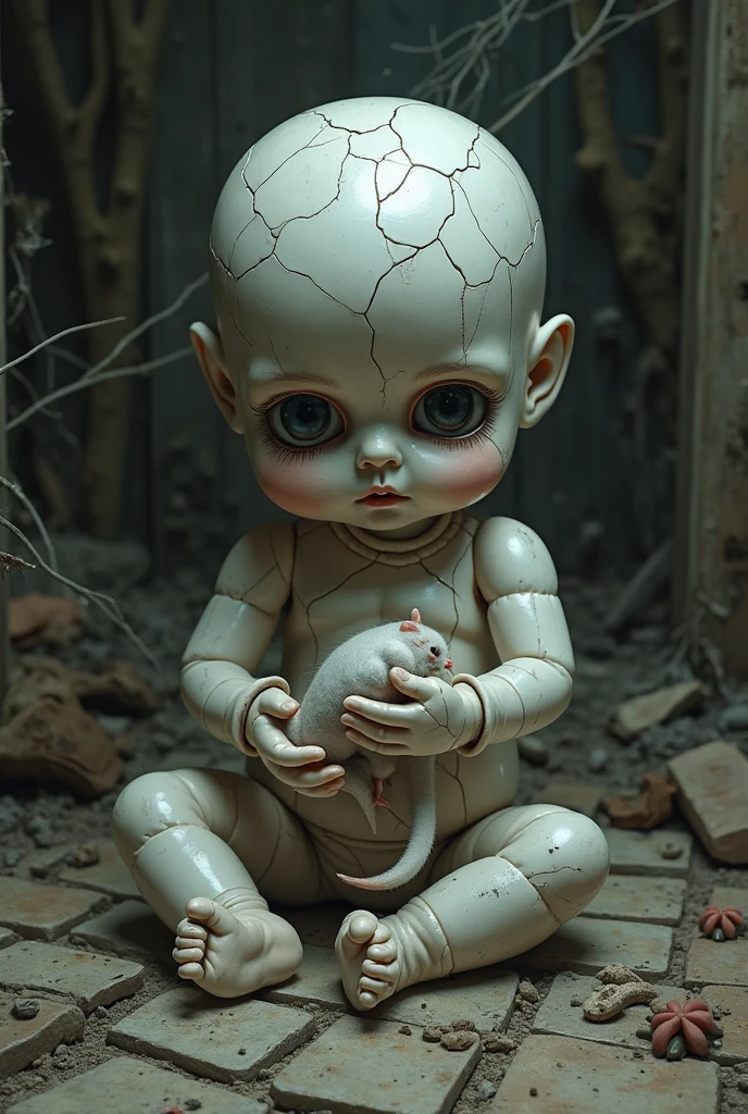 rating_explicit, score_9_up, score_8_up, score_7_up, uncensored, small breasts, pale doll-skin, cute eerie face, skinny ???-like proportions, big eyes, (((short black hair))), dried runny mascara, naked tiny young prepubescent asian creepy skinny doll limply propped up against old wall in dusty attic corner, porcellain skin, (female doll), amazing eerie red eyes, cute eerie doll face, spread legs revealing tiny pussy, expressionless face, kuudere, tight used pussy, cute bare doll-feet, (((doll-joints))), ((cracks in skin)), solo, 1girl, skinny and eerie cutie, (dusty attic background, wooden floorboards), old cum stains between legs, stained floor