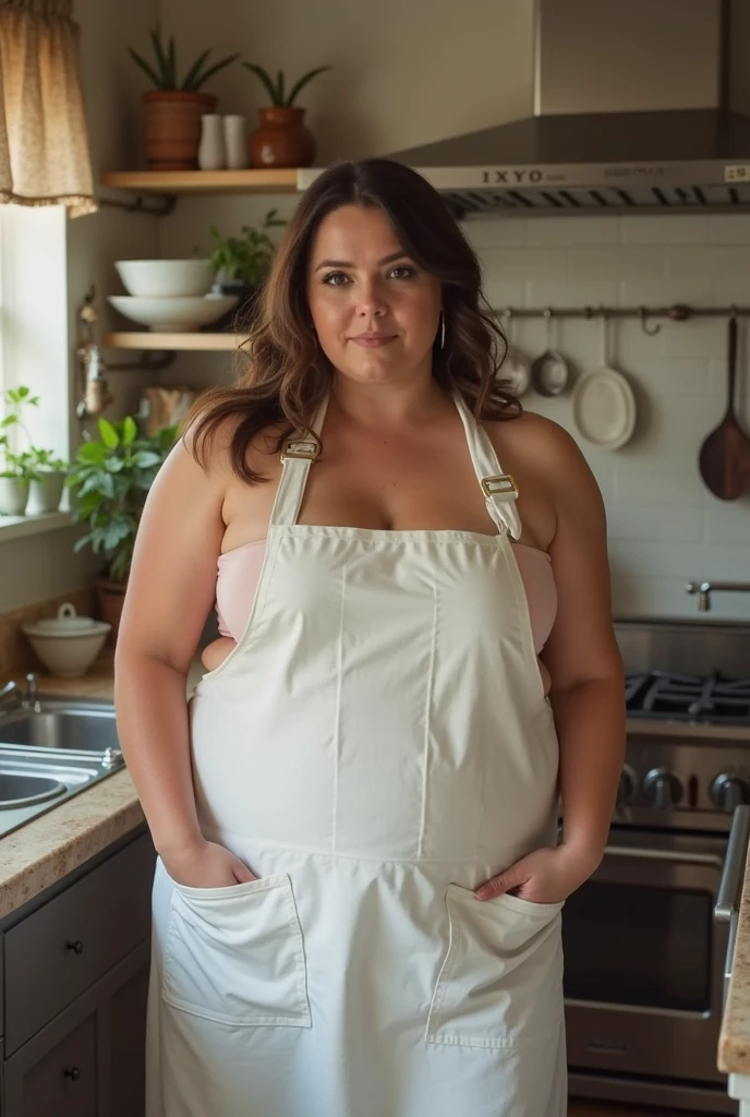 Reminiscent of Evan Rachel Wood, chef mommy, a sixty-year-old woman, full figured, with a tall and hefty build, large breasts, a black bun for hair, the ideal amount of chubbiness, and squinting, wearing a short naked cooking apron, she is a master of quality, naughty chef, Working in the kitchen, wearing a naked apron, full body portrait, and the scene is incredibly detailed, busy in cooking, aesthetic,