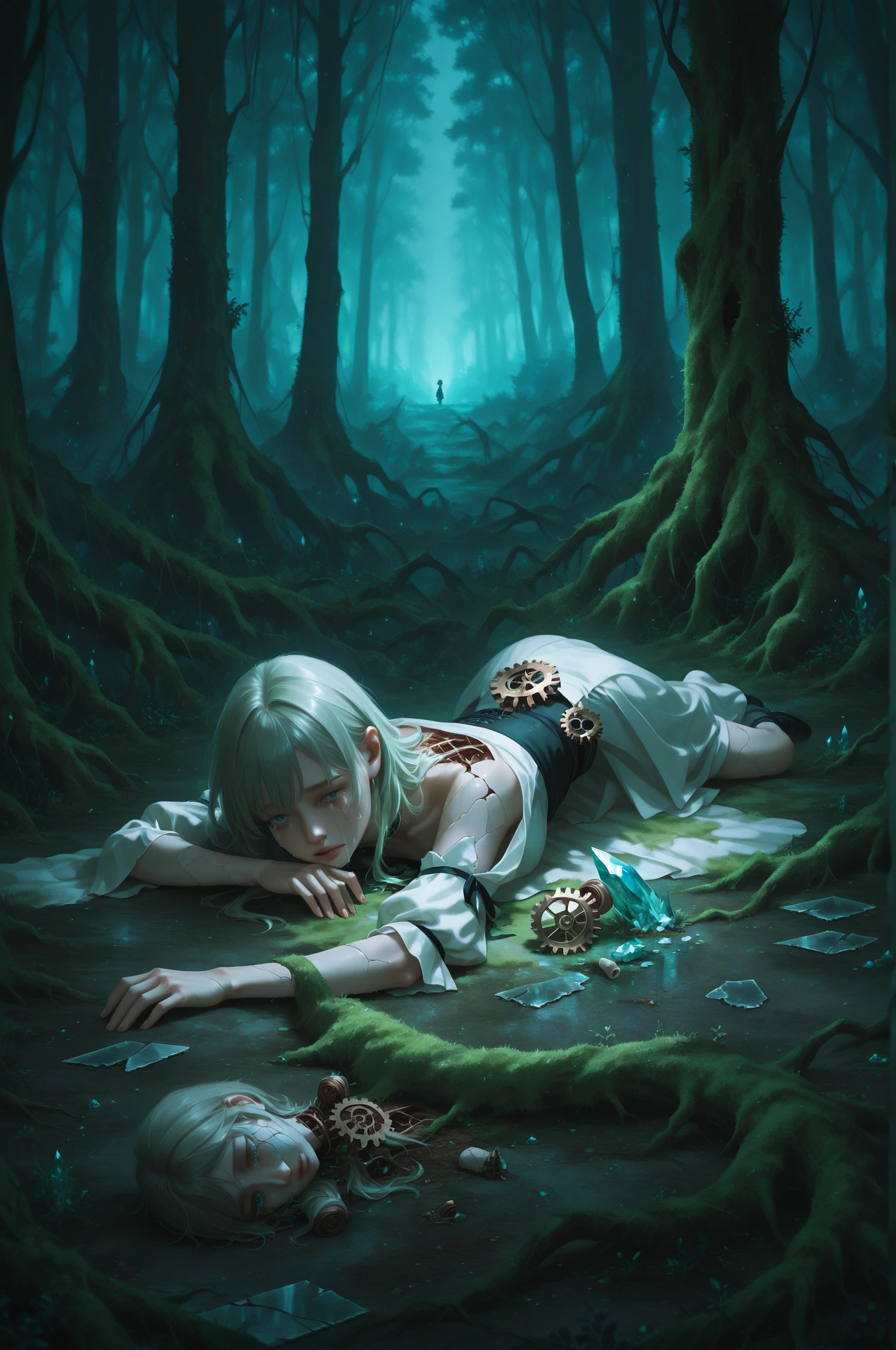 "high resolution, image of a dead elf lying on the ground of a battlefield. The elf has long, dark hair, tangled and dirty with blood and dirt. Your eyes are open, looking up at the sky with a blank and sad expression. Pale skin contrasts with his finely crafted armor., that is broken and covered in blood. A broken sword is embedded in his abdomen, the cause of his death evident. Around her, pieces of arrows, a fallen dagger, and bloodstains scattered. The ground is a mixture of dirt and grass, with battle marks all over. Ao fundo, shadows of destroyed trees and a dense fog that covers the battlefield."