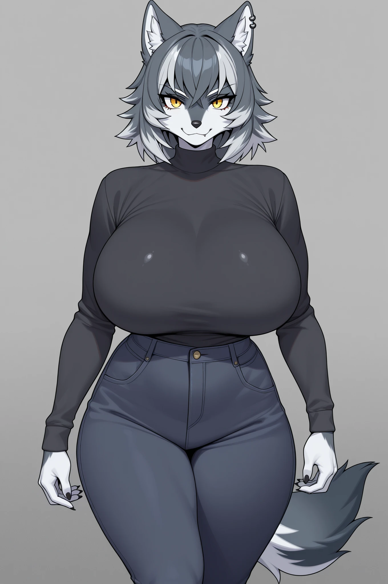 Alicorn , white mane, ,black fur color long flowing mane pink eyes anthro huge breasts sweater ,jeans ,mad look,crossed arms angry look