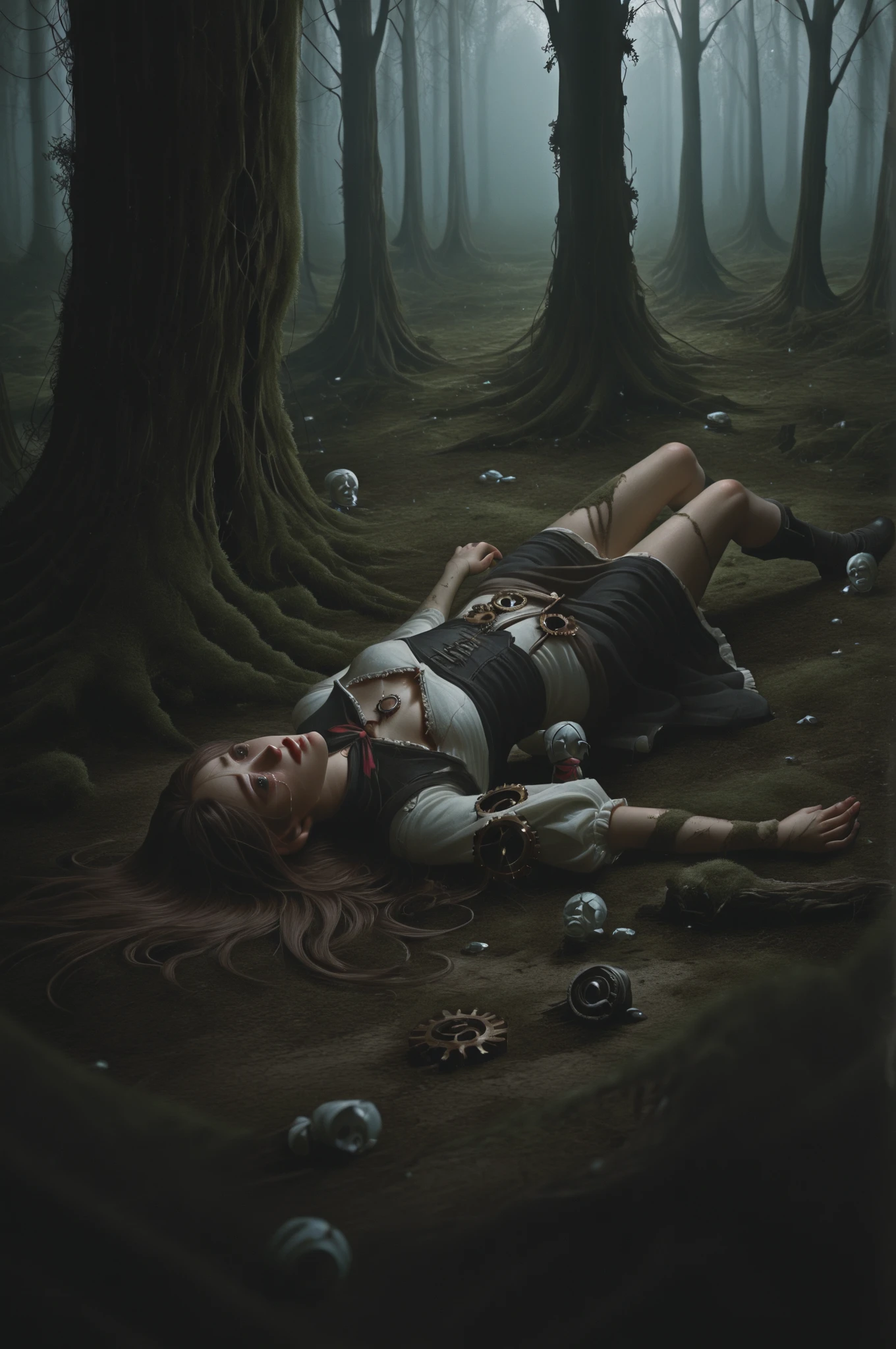 "high resolution, image of a dead elf lying on the ground of a battlefield. The elf has long, dark hair, tangled and dirty with blood and dirt. Your eyes are open, looking up at the sky with a blank and sad expression. Pale skin contrasts with his finely crafted armor., that is broken and covered in blood. A broken sword is embedded in his abdomen, the cause of his death evident. Around her, pieces of arrows, a fallen dagger, and bloodstains scattered. The ground is a mixture of dirt and grass, with battle marks all over. Ao fundo, shadows of destroyed trees and a dense fog that covers the battlefield."