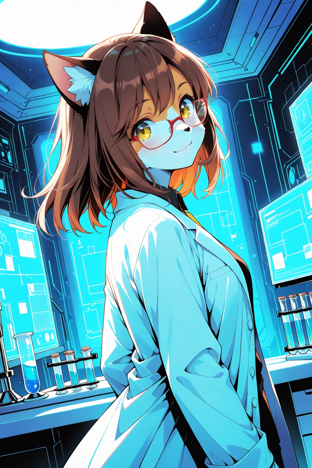 Solo, female, feline, cat, silver tabby, green eyes with yellow sclera, short dark maroon hair, standing, snout, pink nose and pink inner ear, medium big breasts, (((red glasses))), ((by spuydjeks, by bebebebebe)), ((very light grey body with light grey stripes)), space, spaceship, window, pajama pants, oversized white tee shirt