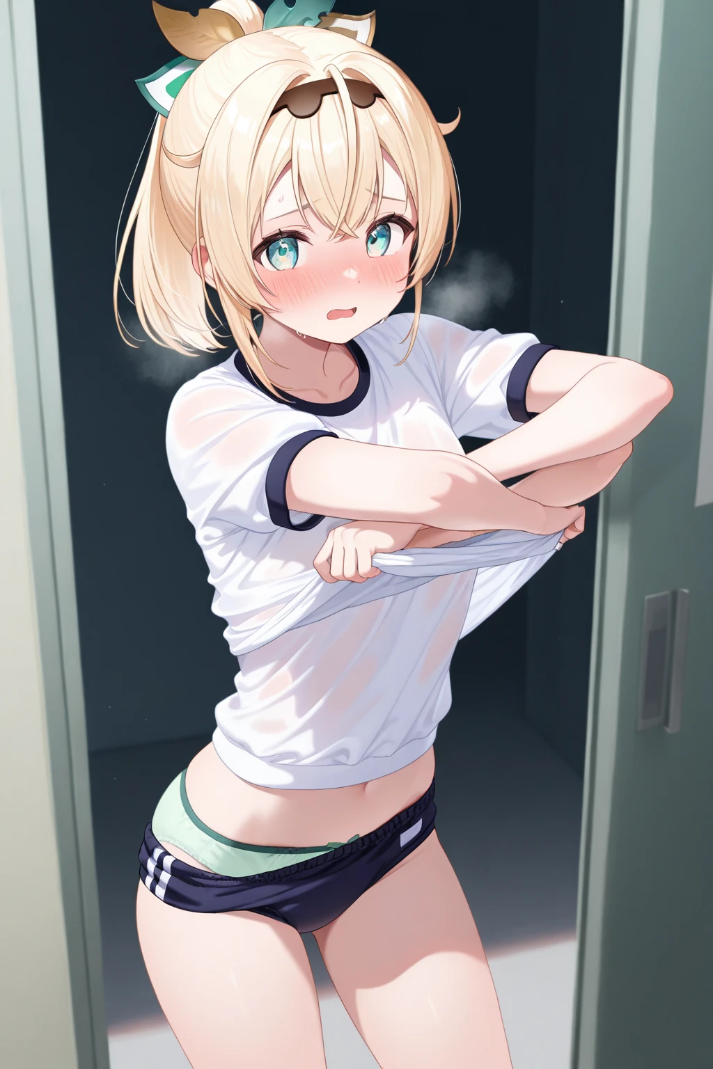 1girl arms_behind_head arms_up blonde_hair blush breasts buruma closed_mouth covered_nipples cowboy_shot frown green_eyes gym_shirt gym_storeroom gym_uniform hair_between_eyes indoors looking_at_viewer medium_hair micro_shorts nipples red_buruma see-through see-through_shirt shirt shorts skindentation small_breasts solo sweat thighhighs thighs tree tying_hair vaulting_horse wet wet_clothes wet_shirt white_shirt white_thighhighs window