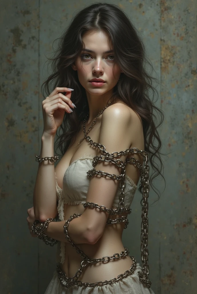 handcuff her hands and tie a chained neck collar aroun her neck , bdsm , domination , playful , master, make her expression like she is begging for mercy