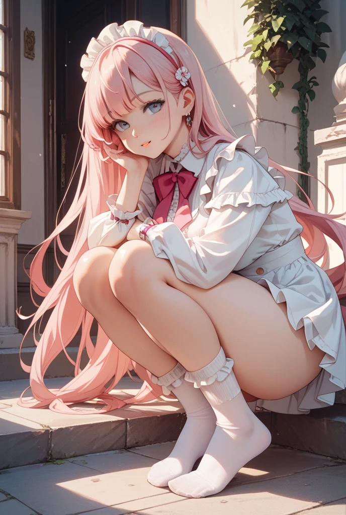 ((work of art)), (best qualityer), (detailded), 1 girl,
gazing at viewer, (lipstick:0.75), leaning forward,
long pink hair, twintails,
colorful thighs,
winter, bright coloured, Beautiful breasts, beautifull butt,light pink outfit ,a random profession cosplay.. objects on the procession, chair ,Enter details of your chosen profession