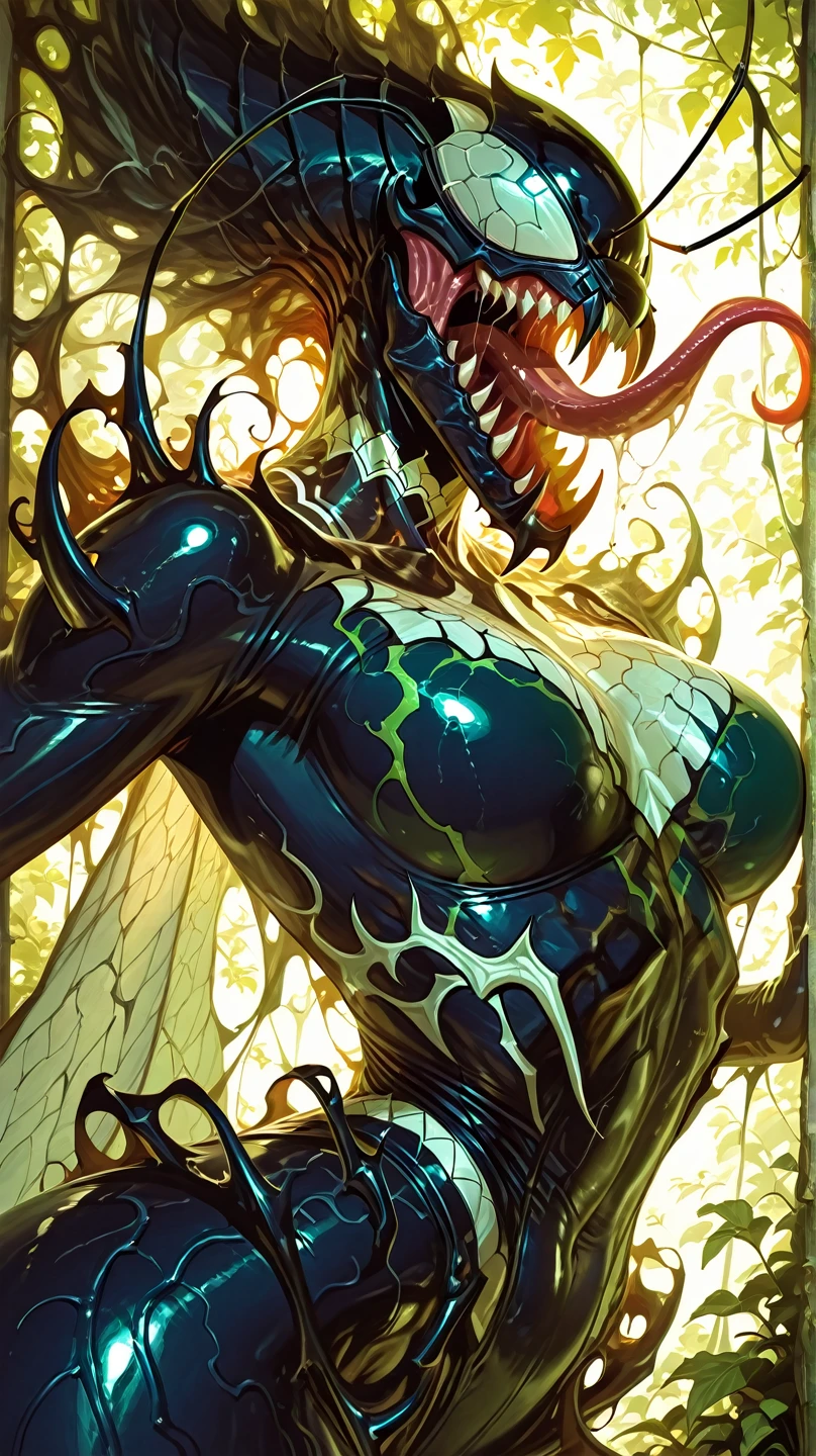 The woman is a fly demon of monstrous appearance with jet-black skin, the Queen of Flies and wife of Beelzebub, the Fly King. The couple are embracing and kissing.、((Highest quality)), ((masterpiece)), (detailed), (Perfect Face)、The female fly demon, a subordinate of the fly demon king Beelzebub, is the demon queen Bertilu. She has golden blonde, semi-long hair and her body has transformed into an aberrant demon. Fly antennae grow from her head, making her a fly demoness. She wears a fly-like black demon outfit, adorned with luxurious earrings, an engagement ring, and other lavish accessories. The demon queen is a fly demoness whose female body has completely transformed into a fly demon, mirroring the demon king's appearance.、The woman became Beelzebub's wife, becoming the fly queen and spending her life with the fly king.、The woman deeply loves her husband, Beelzebub, the great fly demon king.