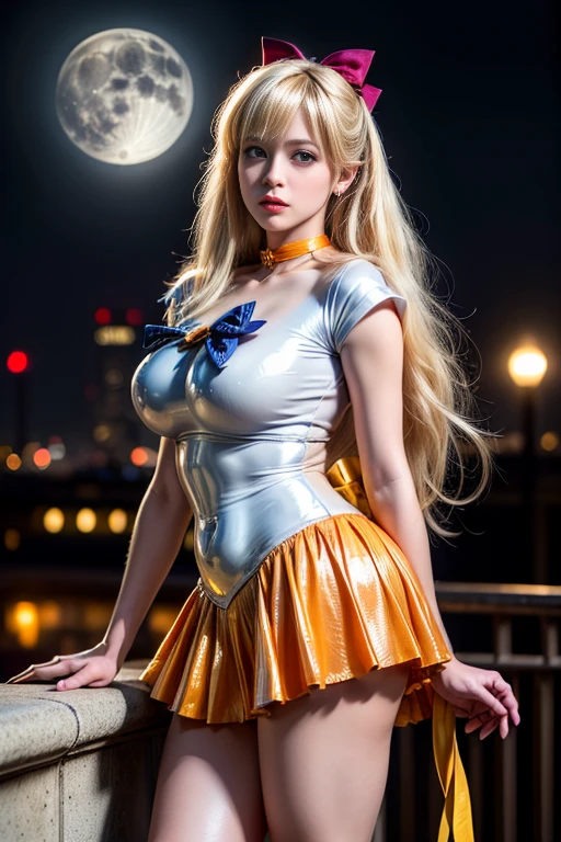 masterpiece, put both hands behind one's back、beautiful super model ,perfect lighting , b1mb0, TH3P1T, (full body,wide shot),Are standing,space background, grin, SV1, sailor warrior uniform, Orange Skirt, elbow bag, tiara, Orange sailor collar, red bow, orange choker, white gloves, jewelry,first round、slave、Tie up to the back、View the audience、big breasts、kneel down、sitting straight