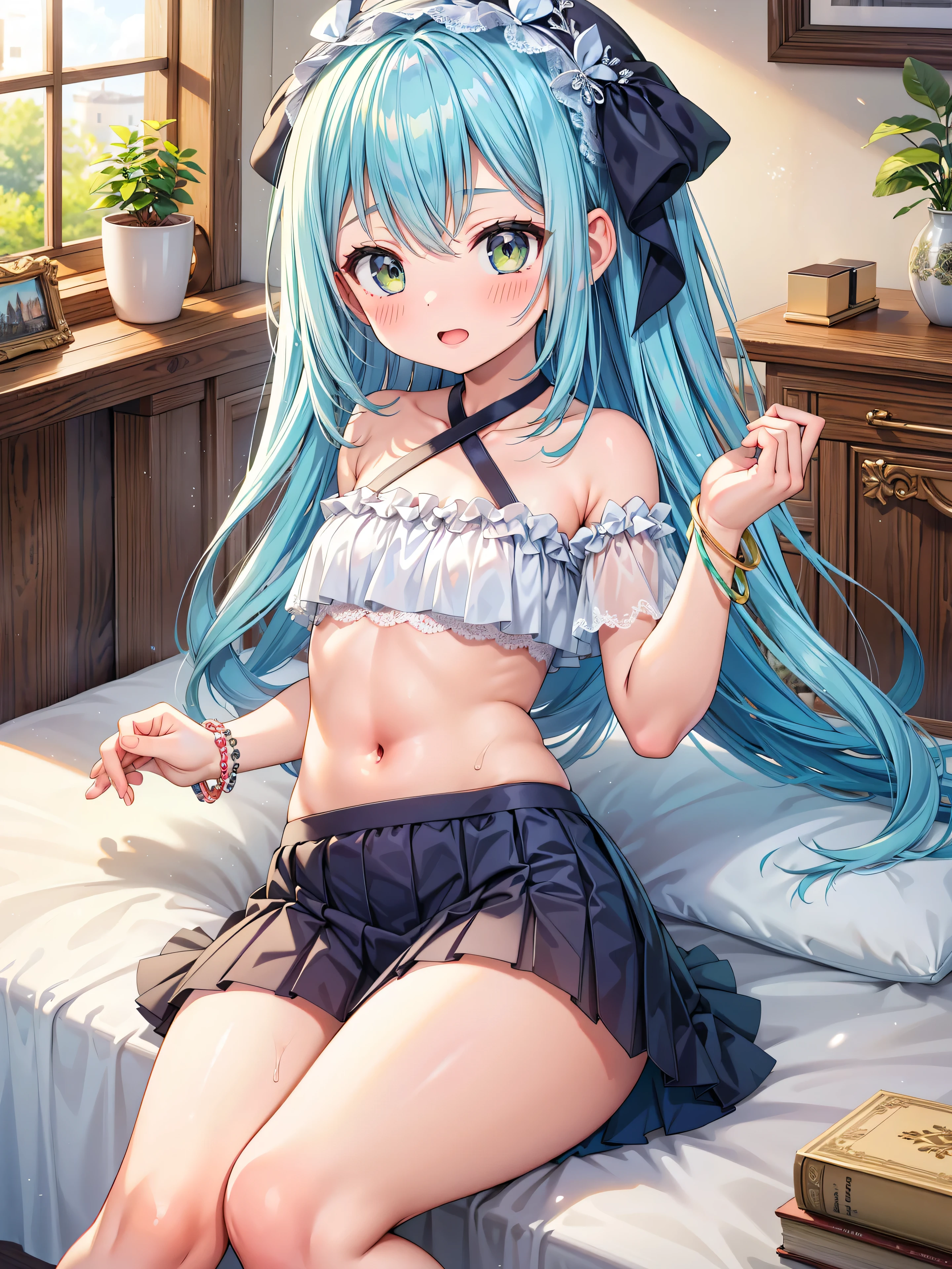 Idol Costumes、Frills、puffy short sleeves、Young Hatsune Miku,Huge breasts,Young girl,small 、Sit with your legs apart、Striped panties、Striped underwear,When she opens her thighs, a lot of white love juice drips out.、blush、Embarrassed expression、colorful