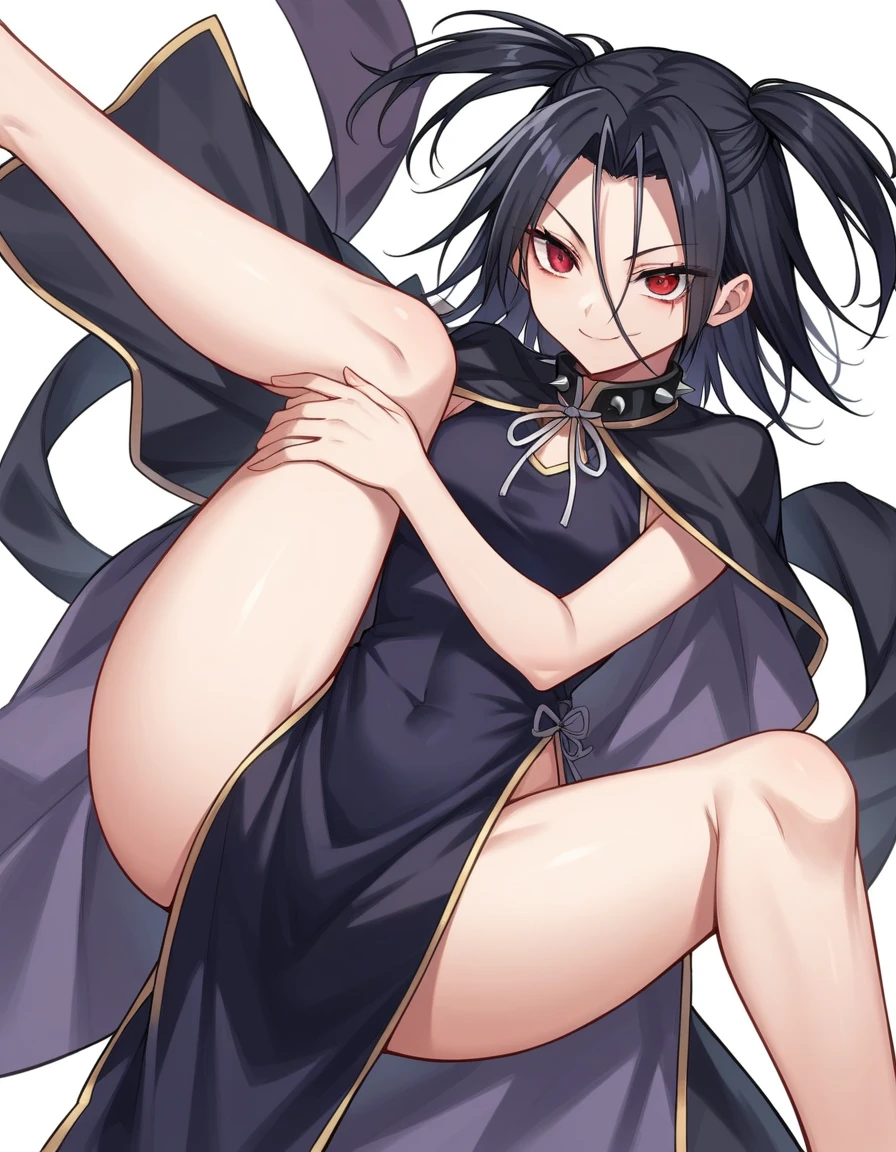 Naked, very beautiful, graceful, and fairly tall young woman with a slender, curvaceous frame. She has long, straight, black hair reaching her mid-back with short bangs framing her forehead and upturned red eyes. She only wears pair of black heeled thigh-high boots, her naked chest with breast is revealed and she takes off her panties