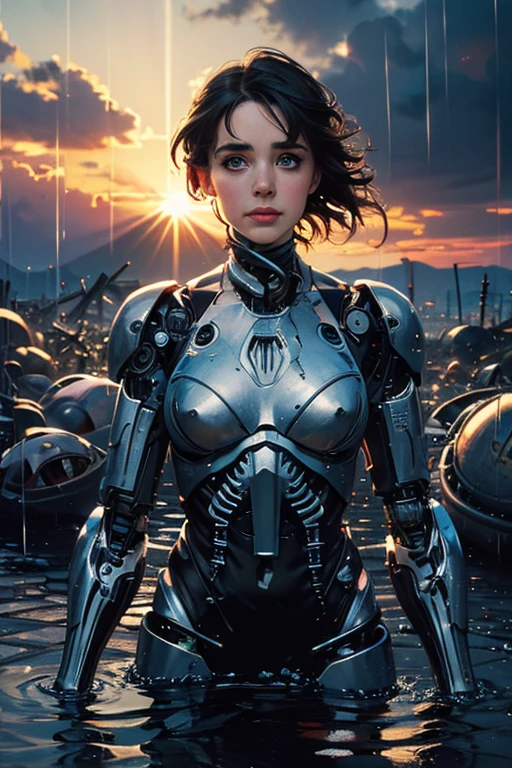((view from bottom):1.2) explosions in the background, night sky, (Lying on stomach with hands propping up head:1.2) (Realisitc:1.5) woman terminator, gigantic breasts, big ass, <lora:EdobTerminatorHybridFemale_v1.0:0.8>