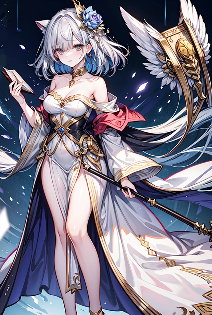 (Very detailed best high quality image, very detailed background, very detailed character and image)
1elfwoman: silver hair, long spiky silver hair with golden ahoge, purple eyes, pointy short ears, pale white skin, voluptuous figure, big breats, big butt, slender beautiful arms, beautiful legs, fire phoenix wings on her back, (Purple short royal themed dress, purple shoulder pads, golden sleeves)
She Handles a long golden claymore with flaming fire blade with her right arm
Scenery: country Armenia, in front of the purple door of the golden castle