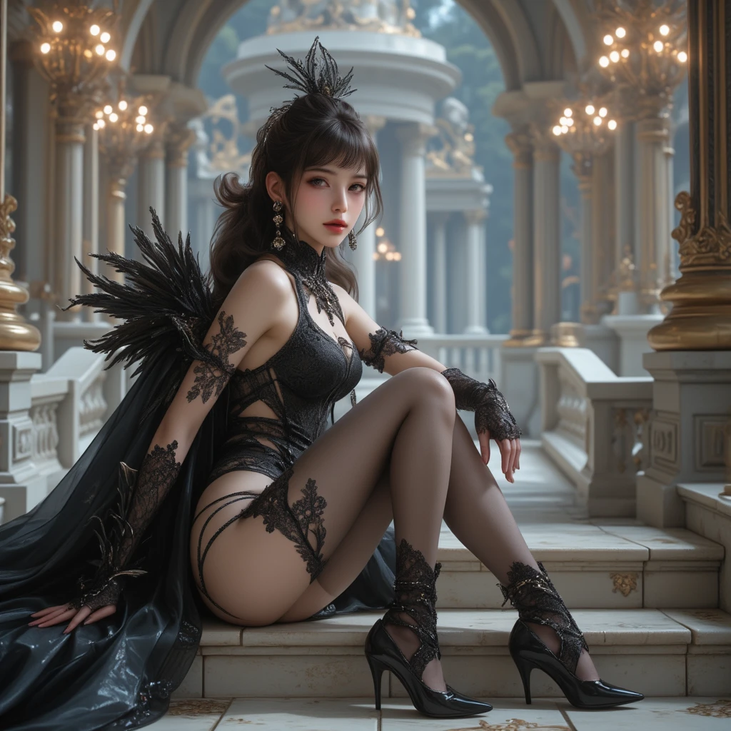 Full length photo of a beautiful succubus queen sitting on a throne with a wolf, 8k intricate, Elegant, The is very detailed, Majestic, tmasterpiece, Sideslit, 美丽细致的眼睛: 1.2 , HighDynamicRange,GameCG,game poster