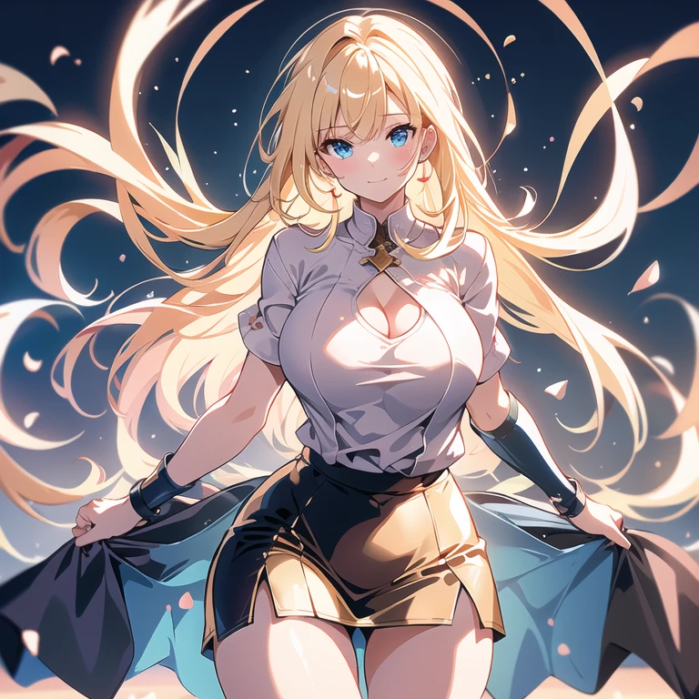 8K UHD, Digital SLR, Soft lighting, High quality, ((best quality)) ((best quality)), ((masterpiece)), (detailed), 4k image, anime style, full leggings under skirt, fair caramel brown skin, African looking facial features, sexy white halter neck crop shirt, long white frilly skirt, fair caramel brown skin, white-blonde hair, sharp facial features, small elegant nose, full thick lips, thin and slender body type, small narrow waist line, small curvy hips, long flowing pixie cut hair, European gothic style clothing, low-top boots, no skin showing